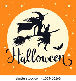 Silhouette of flying witch with cat on broom with full moon and stars, vector illustration, vintage  halloween greeting card.