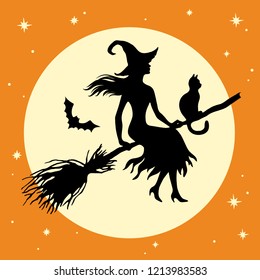 Silhouette of flying witch with cat on broom with full moon and stars, vector illustration, vintage  halloween greeting card.