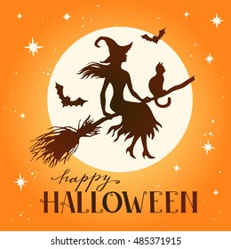 Silhouette of flying witch with cat on broom with full moon and stars, vector illustration, vintage  halloween greeting card.