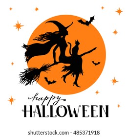 Silhouette of flying witch with cat on broom with full moon and stars, vector illustration, vintage  halloween greeting card.