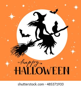 Silhouette of flying witch with cat on broom with full moon and stars, vector illustration, vintage  halloween greeting card.