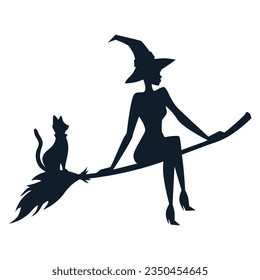 Silhouette of flying witch in hat on broom with cat.  Black and white cartoon vector illustration of witch.