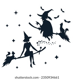 Silhouette of flying witch on broom in hat with cat isolated on white background.  Halloween background with young and old witches.