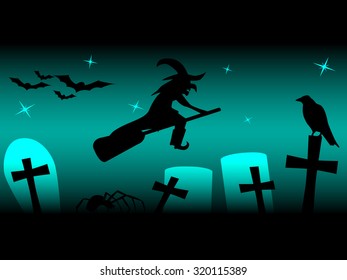 Silhouette of flying witch on broom, with spider, raven and bats at night