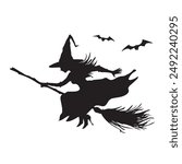 Silhouette of a flying witch on a broomstick with bats for Halloween decoration. Silhouette for the Halloween. Mystical illustration. Vector outline of a witch.