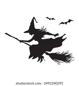 Silhouette of a flying witch on a broomstick with bats for Halloween decoration. Silhouette for the Halloween. Mystical illustration. Vector outline of a witch.