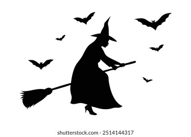 Silhouette of a Flying Witch on a Broomstick with Bats - Halloween Illustration