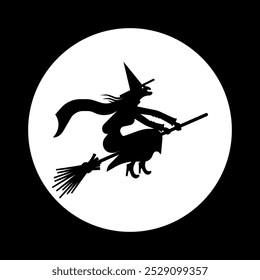 Silhouette Of A Flying Witch On A Broomstick. Halloween Vector Illustration.