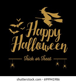 Silhouette of flying witch with text happy Halloween, vector