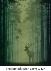 Silhouette of a foggy forest with an alley of pines. Deer in the rays of light. Vector illustration