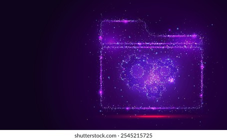 Silhouette of a folder icon made of glowing, multicolored dots, resembling stars. The vibrant particles form the shape, symbolizing organization, information, and digital storage.