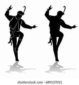 silhouette of folklore dancer , black and white drawing, white background