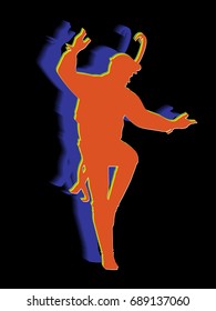 silhouette of folklore dancer , color drawing, black background