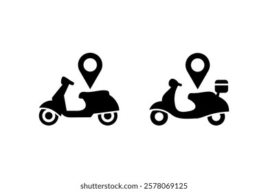 silhouette of food delivery motorbike and motorcycle taxi and location icon