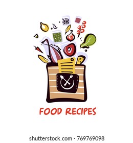 Silhouette food ingredient in paper bag. Open package for meal recipe. Clock  with spoon and fork. Time to eat