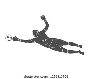 Silhouette football goalkeeper is jumping for the ball. Soccer on a white background. Vector illustration