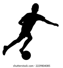 Silhouette of football player boy kicking ball, children game of soccer. Vector illustration