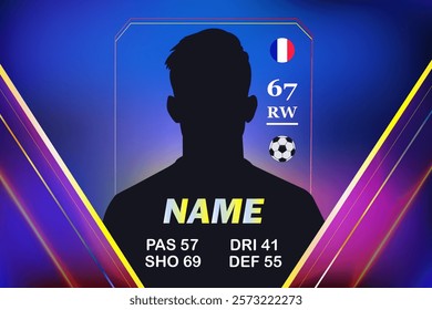 Silhouette of a football player card template with attributes and national flag on gradient background. 