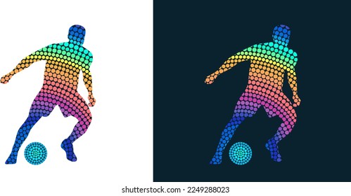 Silhouette of a football player from colored dots. Abstract isolated vector image of a soccer player.