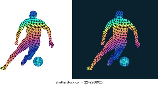 Silhouette of a football player from colored dots. Abstract isolated vector image of a soccer player.