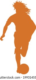 Silhouette of a football player dribbling the ball. Striker of soccer player