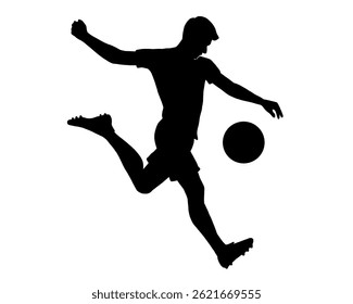 Silhouette of a football player kicking the ball, icon isolated on white background.