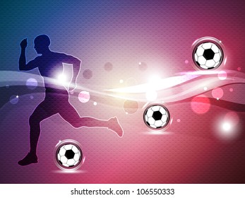 Silhouette of a football player with shiny soccer balls  on shiny wave background. EPS 10.