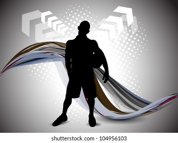 Silhouette of a football soccer player with football on creative wave, arrow and dotted grey background. EPS 10.