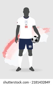 Silhouette of a football soccer player standing and holding a ball. Wearing England jersey kit.