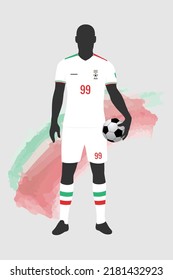 Silhouette of a football soccer player standing and holding a ball. Wearing Iran jersey kit.