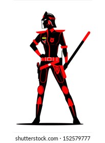 silhouette force policewoman using helmet and holding the stick.