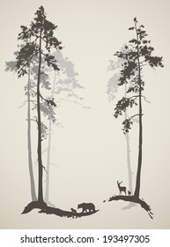 silhouette of the forest with animals