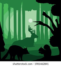 silhouette forest animals trees and sun