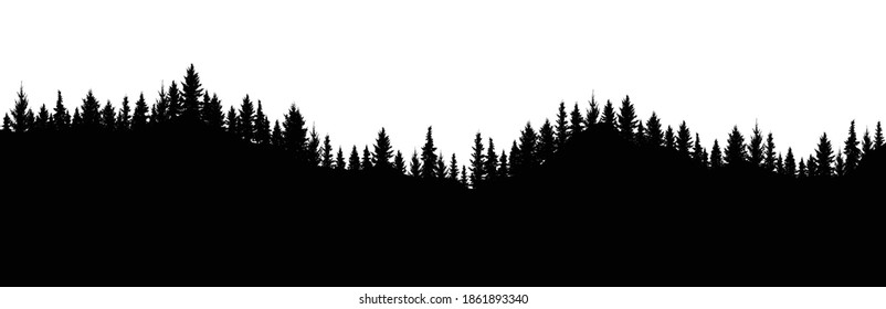 Silhouette of forest. Beautiful spruce (fir) trees on hill. Forest background . Vector illustration