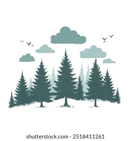 Silhouette Forest with Clouds and Birds Representing Nature, Wilderness, and Outdoor Serenity