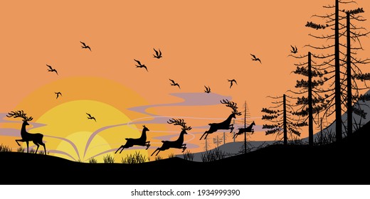 Silhouette of forest fires deer and birds escaping from the fire.Vector illustration about forest fire.