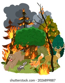 Silhouette of forest fires deer and birds escaping from the fire.Vector illustration about forest fire.