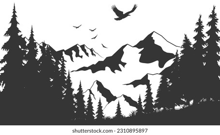 Silhouette de bosque y aves voladoras. Superficie montañosa. Los árboles hermosos están separados unos de otros. Ilustración vectorial.