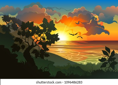 Silhouette of the forest in front of the sunset. Vector landscape.