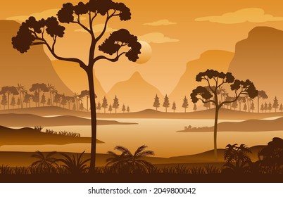 Silhouette forest landscape at sunset illustration