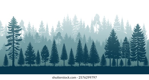 Silhouette of a Forest With Layered Trees in Soft Hues. Various Types of Trees, Tall Firs and others