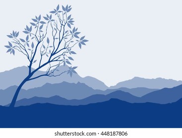 Silhouette of forest and mountain with  blue background.
