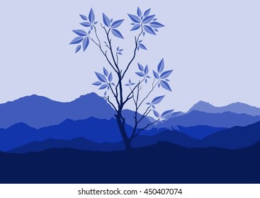Silhouette of forest and mountain with   blue background.