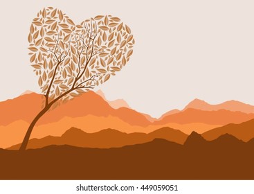 Silhouette of forest and mountain with brown background