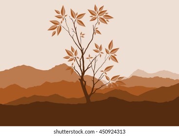 Silhouette of forest and mountain with brown background