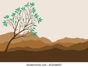 Silhouette of forest and mountain with brown background