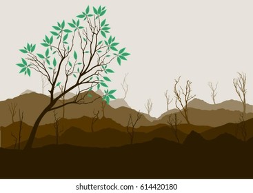 Silhouette of forest and mountain with brown background