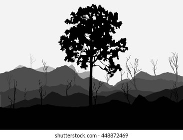 Silhouette of forest and mountain with gray background