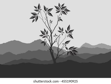 Silhouette of forest and mountain with gray background