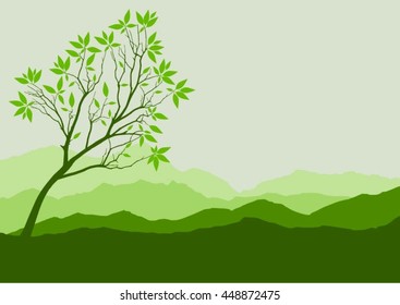 Silhouette of forest and mountain with green background